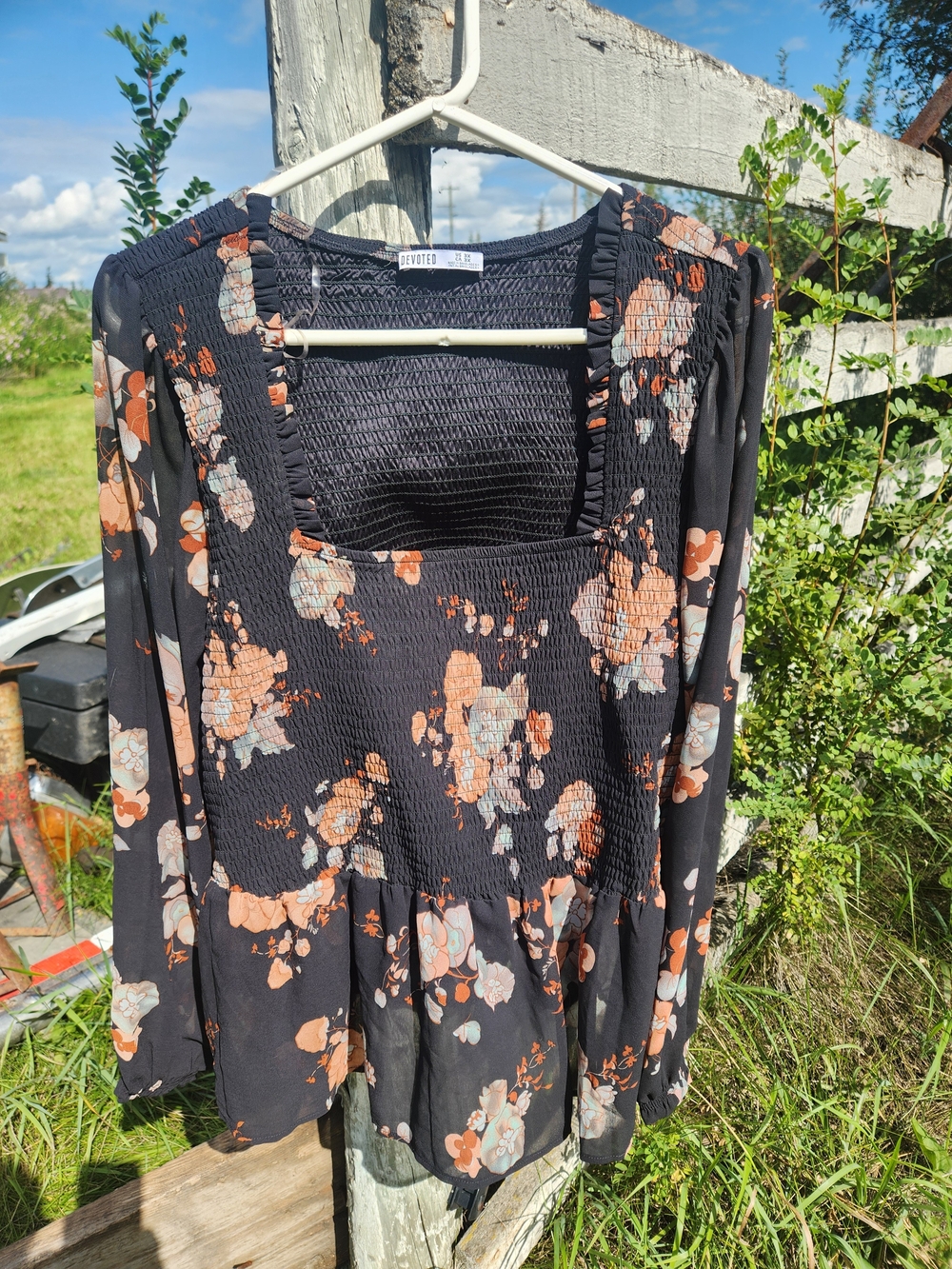 Devoted Floral Smocked Peplum Blouse - Black with Peach Floral